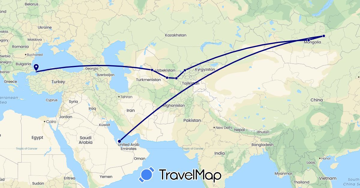 TravelMap itinerary: driving in Mongolia, Qatar, Turkey, Uzbekistan (Asia)